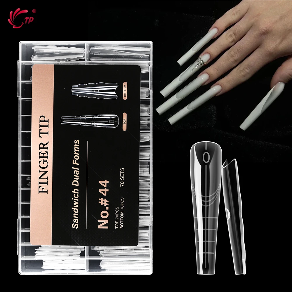 BNG 140/280PCS Sandwich Nails Dual Forms Reusable Nail Forms with Guide Lines 14 Sizes Nail Mold for Nail Extension Salon & Home