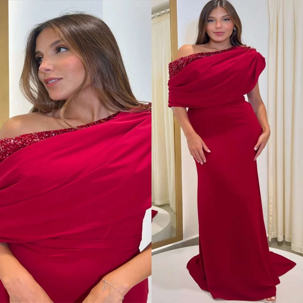 Customized Classic Red Jersey Evening Dress Exquisite One Shoulder Off the Shoulder Short Sleeves Beading Homecoming Dress