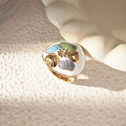 JinYve Vintage Flower Glaze Stainless Steel Chunky Ring For Women's Fashion Jewelry Retro 14K Gold Plated Ring Cute Accessories
