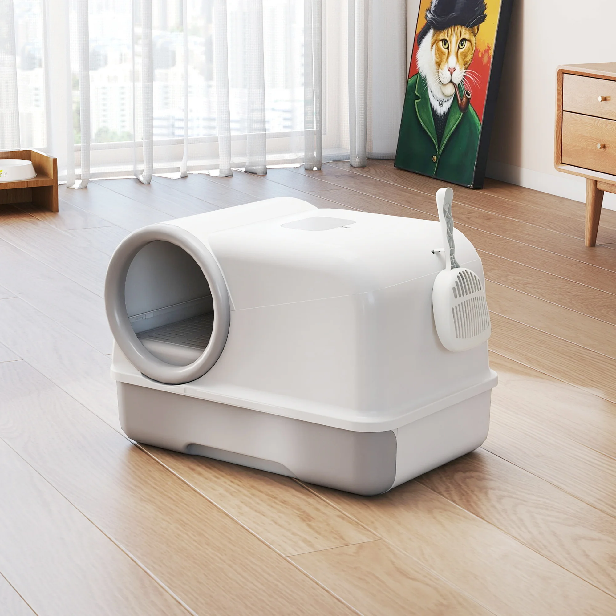 Diese abgedeckte, geschlossene Katzentoilette mit herausziehbarer Schublade, Streuschaufel und zwei Aktivkohlefiltern. Leicht zu reinigen, bekämpft Gerüche effektiv und eignet sich für kleine bis