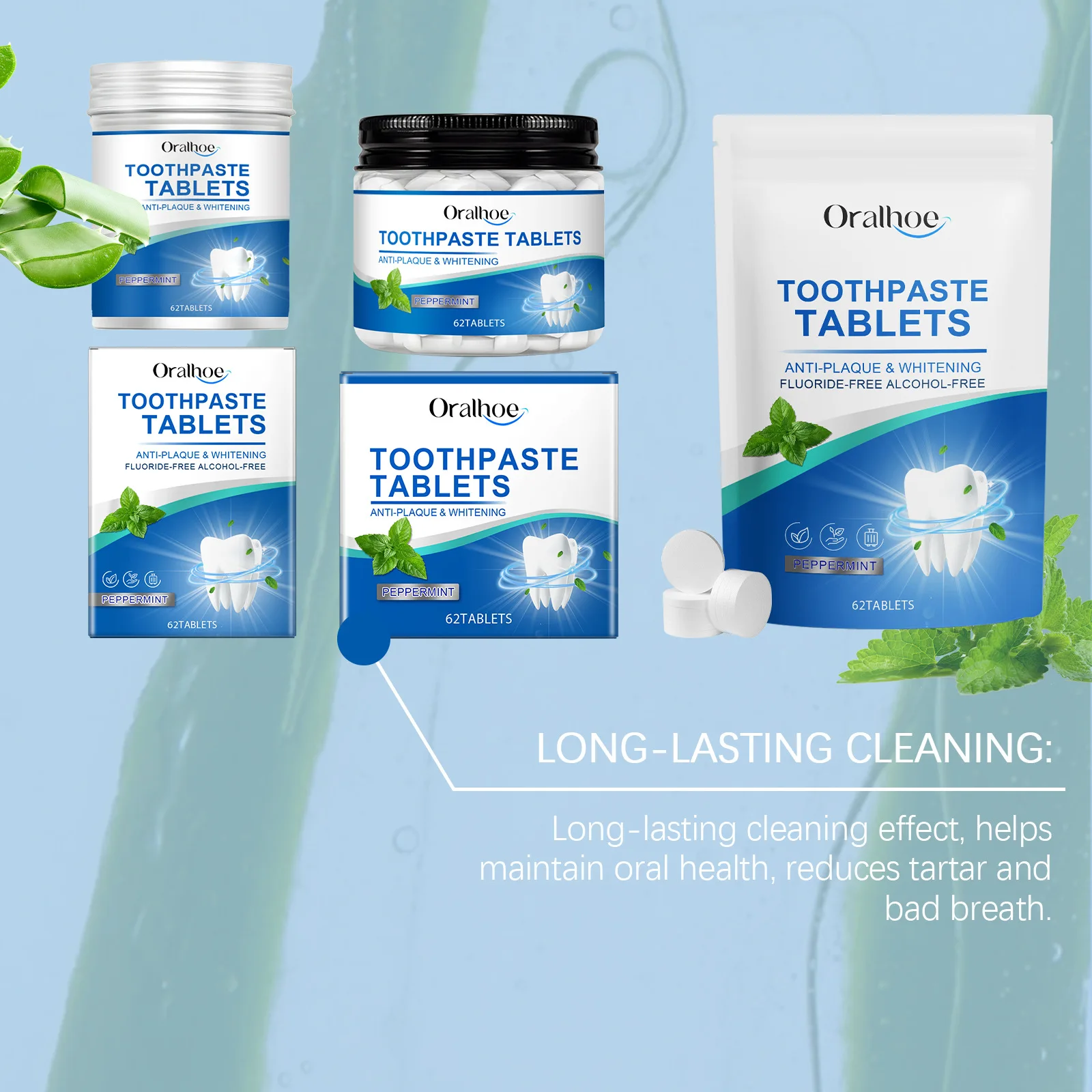 Oralhoe 62 قطعة أقراص تبييض الأسنان عن طريق الفم نظيفة غسول الفم إزالة البقع الصفراء التنفس الطازج نكهة النعناع معجون الأسنان الصلبة #4