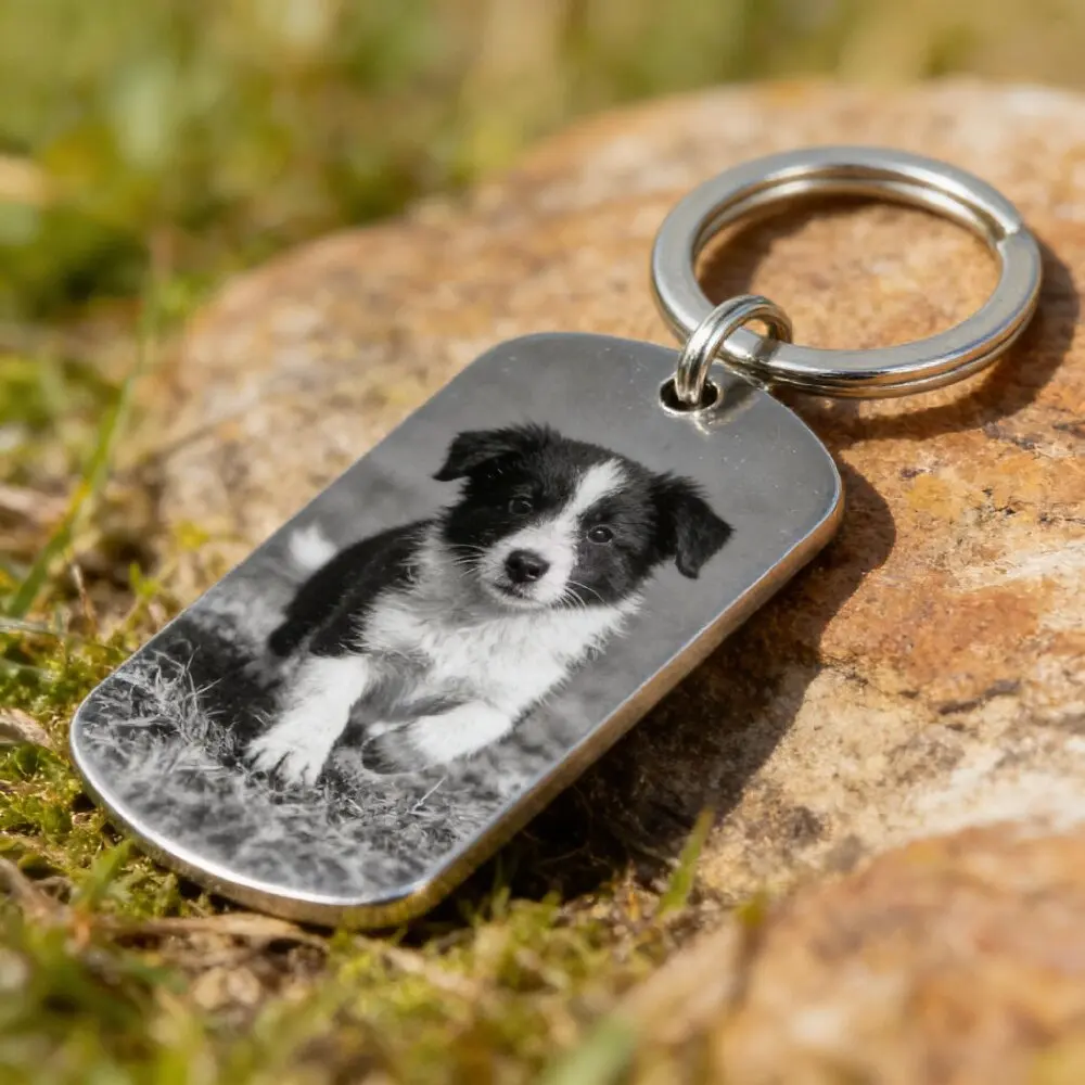 Custom Silver Stainless Steel Dog Tag Photo Text Keychain Multi-use Anti-Lost ID Pendant For Pet Family Couple Daily Carry