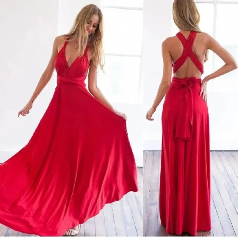 Robe longue rouge style Boho maxi pour femmes, multidirectionnel, convertible, boîte de nuit, soirée, demoiselles d'honneur