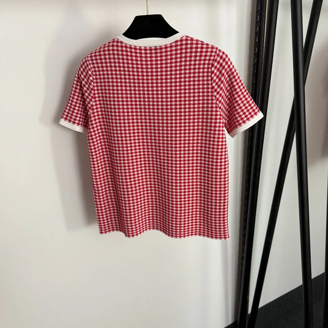 

2025 Summer Women's Plaid Short-Sleeved Knit Top - Casual Style