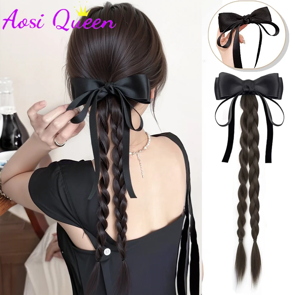 

AOSIQUEEN Synthetic Bow Claw Clip High Ponytail with Double Twist Long Braid Hair Accessories New Chinese Style Ponytail Wig