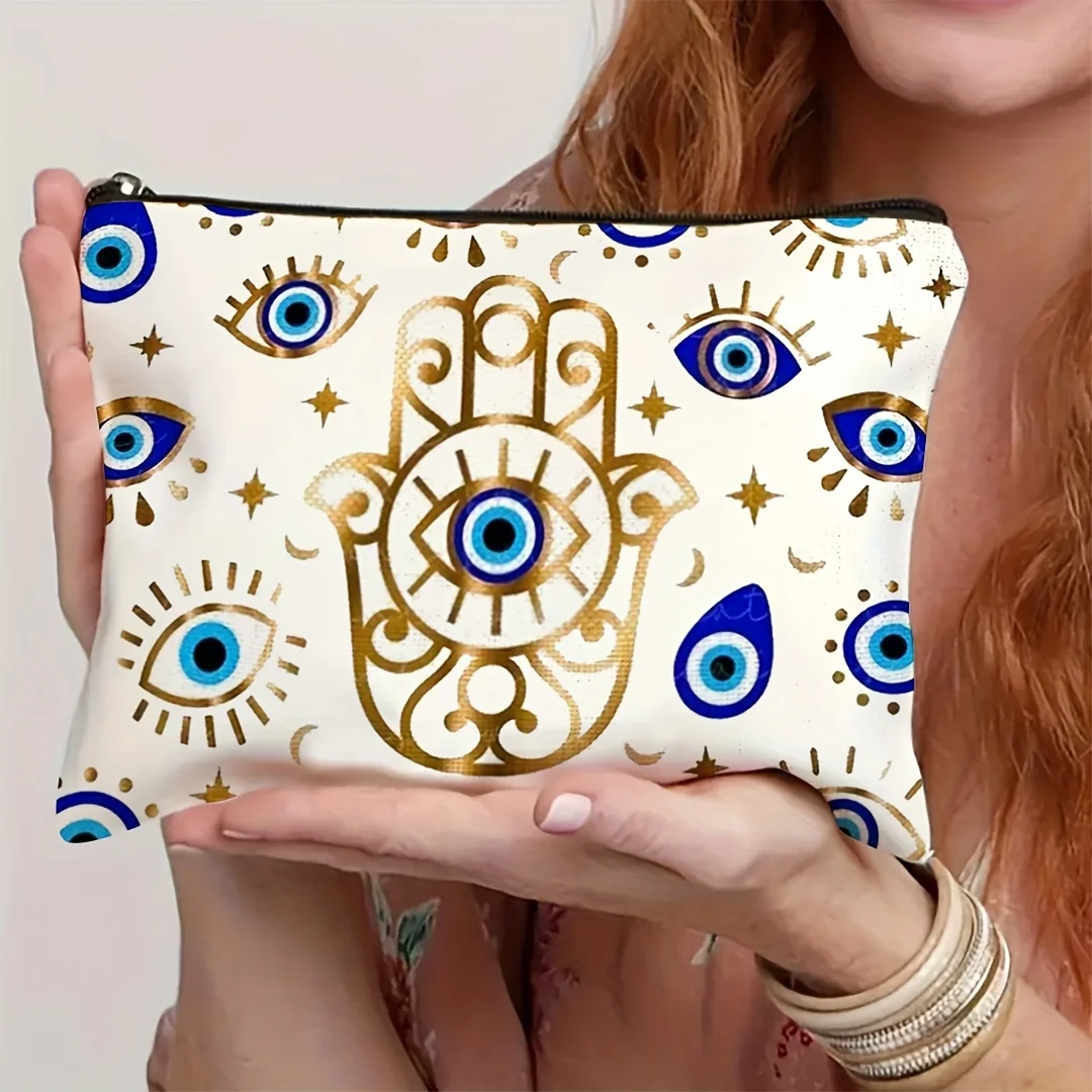1Pc Golden Fatima's Hand, Devil's Eye with Star and Moon Vintage Design Multifunctional Travel Makeup Bag, Snack Storage Bag, Stationery Storage Bag, Fashionable Toiletry Bag, Canvas Double-Sided Printed Zipper Pouch