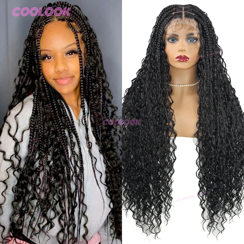 32" böhmische Göttin geflochtene Perücken synthetische knotenlose Box Braid Perücke volle Spitze Boho Zöpfe Haar Perücke afrikanische lockige geflochtene Perücken