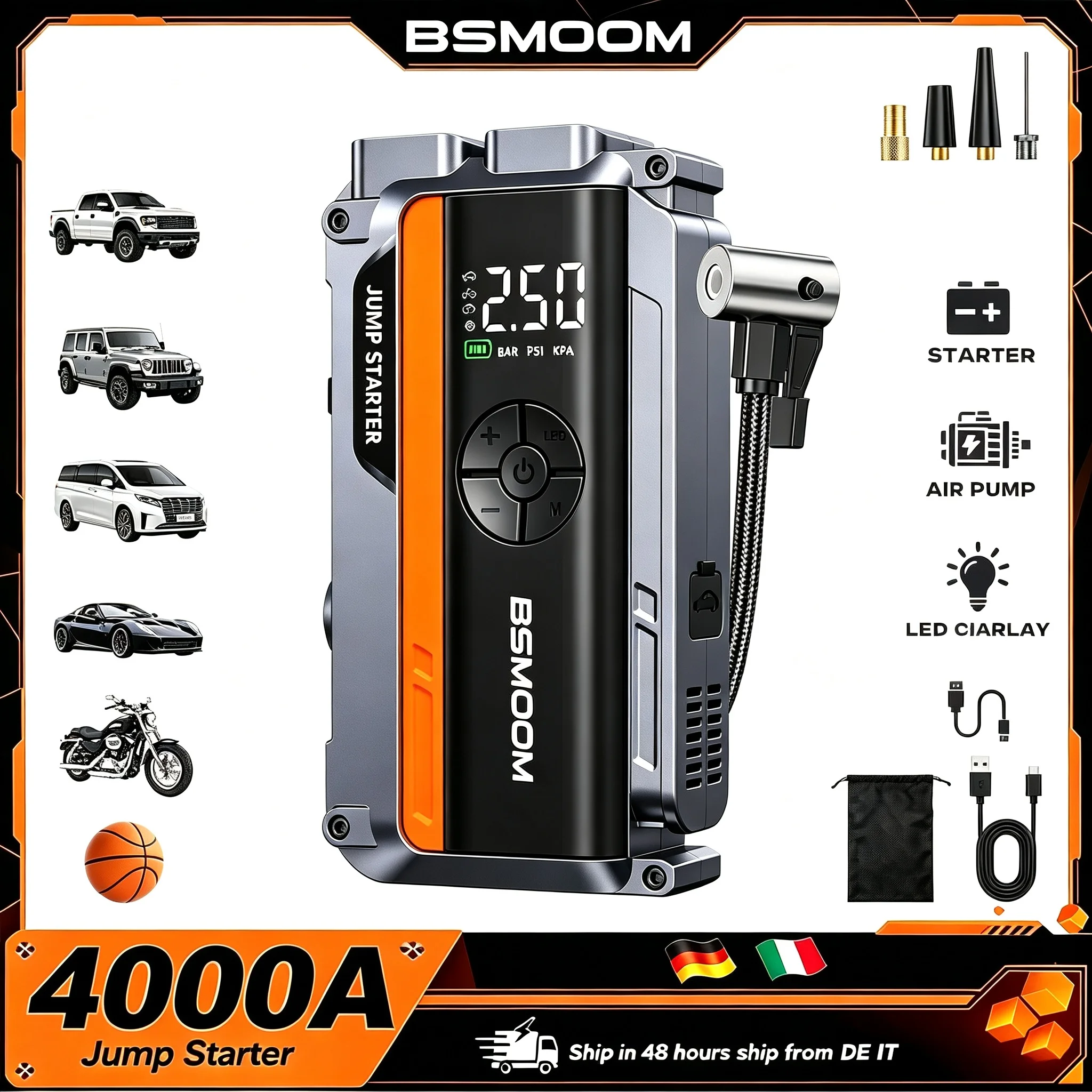 BSMOOM Compressore d'aria 150PSI 4000A Peak 21800mAh Avviatore d'emergenza per auto – Avviatore d'emergenza portatile per auto con luce di emergenza