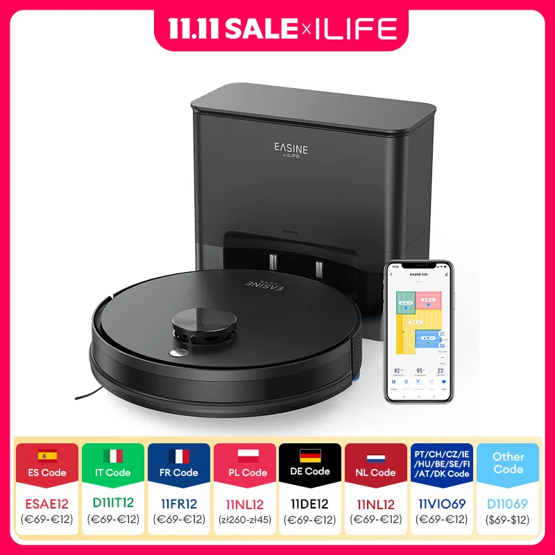 EASINE BY ILIFE S20 5000Pa شفط، مجموعة مكنسة كهربائية وممسحة روبوتية، تفريغ ذاتي، سعة 60 يومًا، تطبيق/عن بعد، تشغيل 180 دقيقة #1