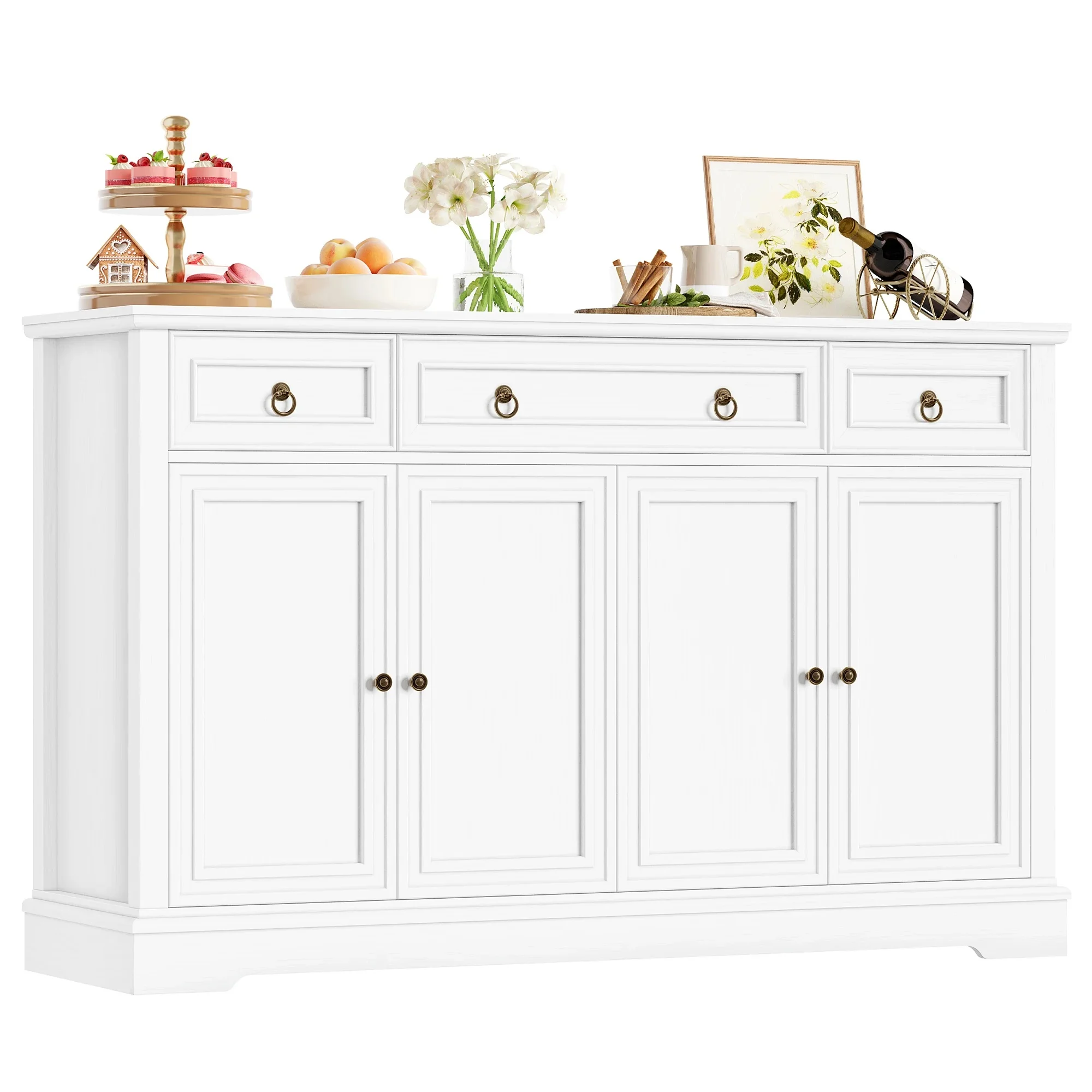 Getone Sideboard,Küchenschrank,Buffetschrank mit 3 Schubladen 4 Türen,Sideboard Wohnzimmer Küche 134x40x87cm Weiß/Retro