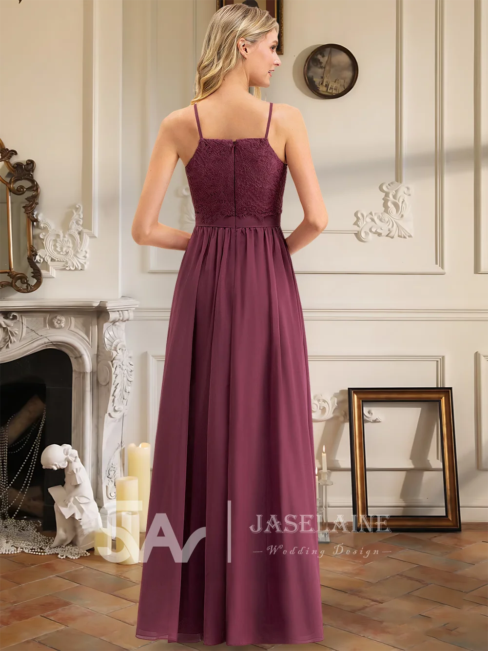B Bridesmaid Dresses A Line Square Floor Length Chiffon Lace Spaghetti Straps Wedding Party Evening Guest Cocktail Formal Events