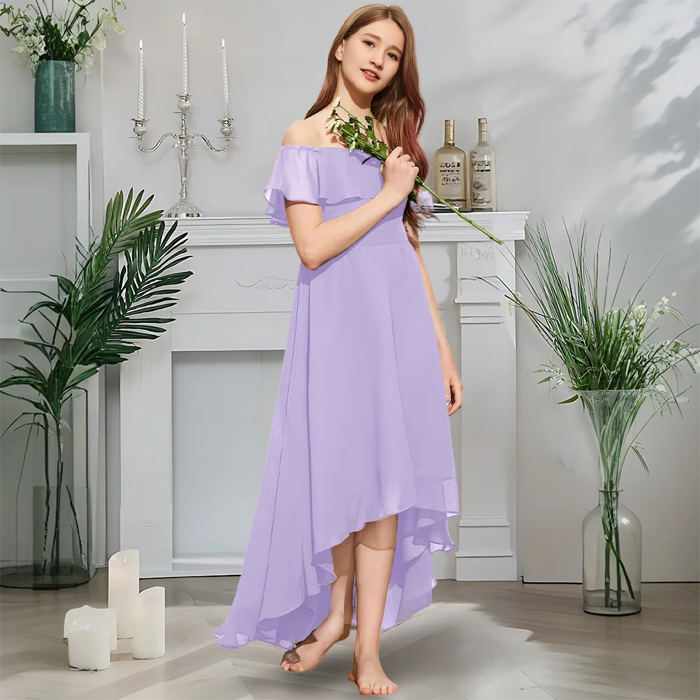 

Luxurious Off Shoulder Junior Bridesmaid Dress Moonlight Mauve Flower Girl Dress Asymmetrical Chiffon With Tiered Ruffles