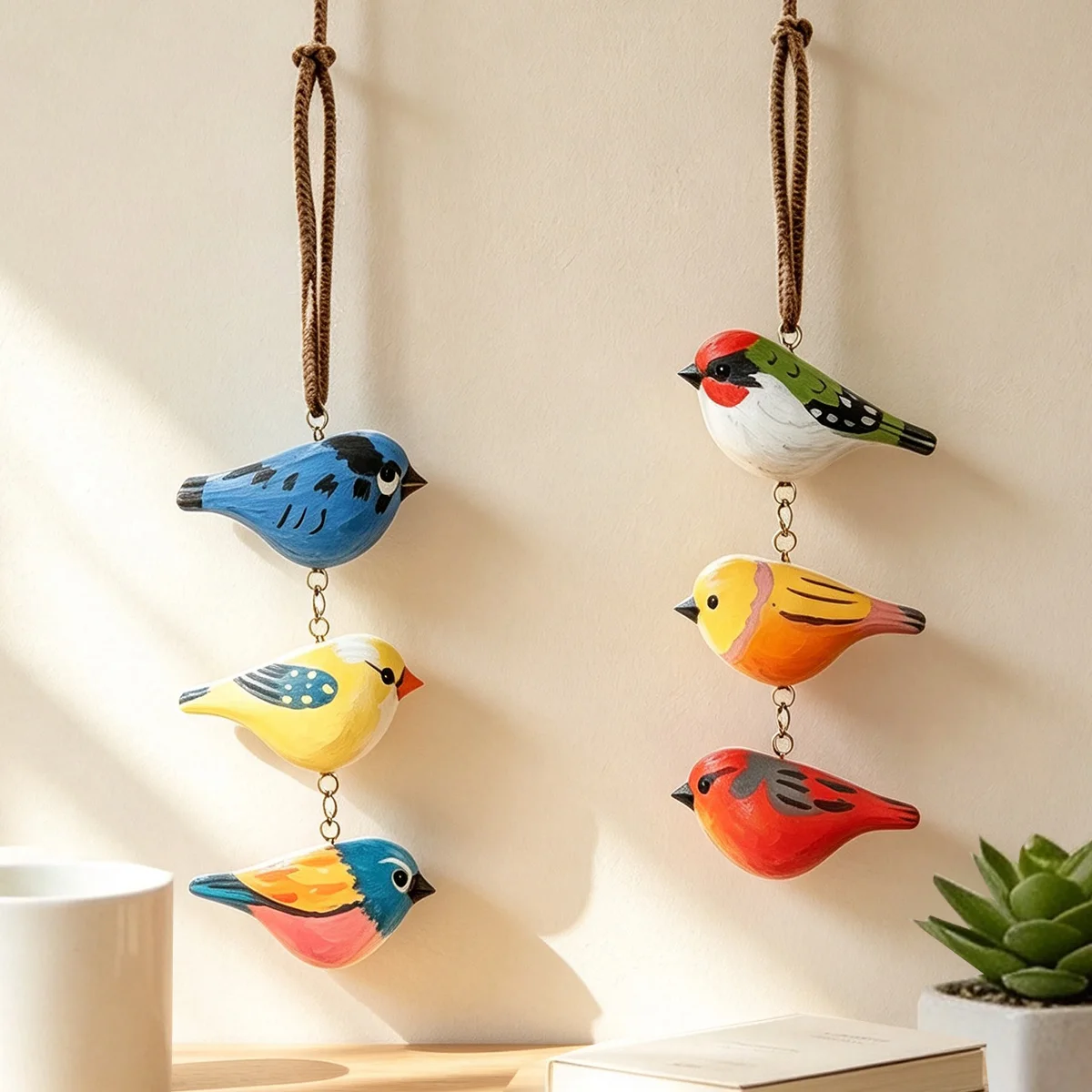 Wooden Bird Ornament, Handmade Bird Mobile, Bird String Gift, Rustic Woodland Ornament, Nature Decor