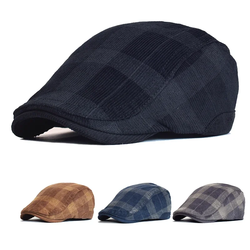 Winter Vintage Plaid Dicken Baskenmütze Hut Cord Zeitungsjunge Mütze Männer Frauen England Gatsby