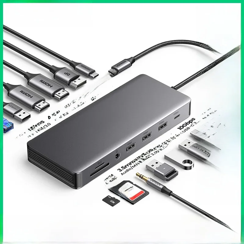 UGREEN 13-w-1 HUB USB-C z potrójnym wyjściem monitorowym 4K 2xHDMI 1xDP 10Gbps USB3.2 PD100W SD/TF RJ45 do laptopów z systemem Windows HP Dell — zdjęcie produktu 7