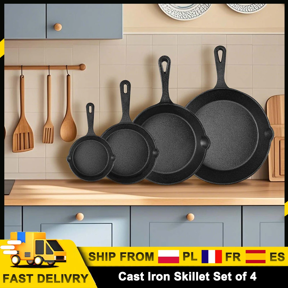 Juego de 4 Sartenes de Hierro Fundido para Cocina, Aptas para Todo Tipo de Estufas, para Cocinar en Casa o al Aire Libre, 14/16/20/26CM