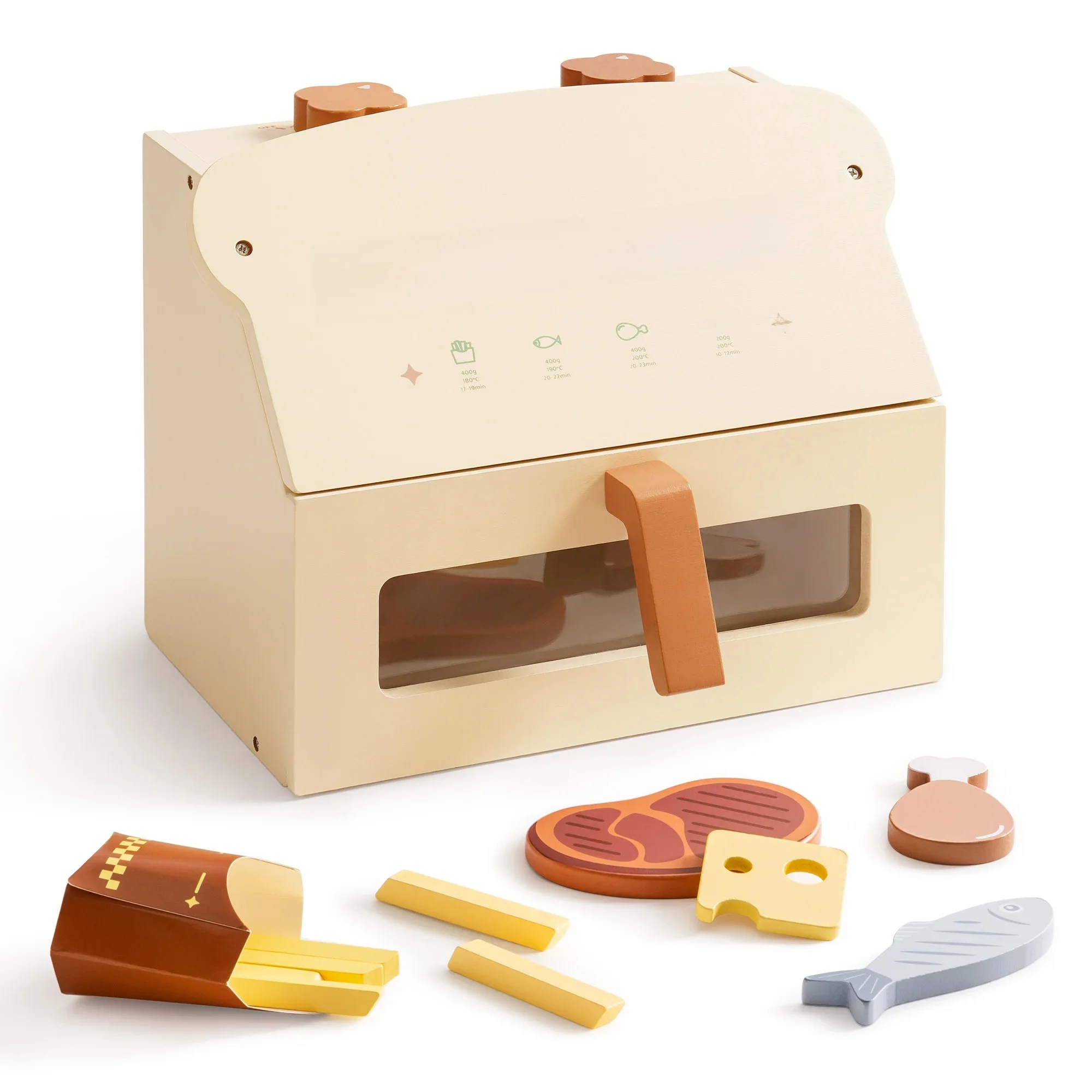 Robotime Robud Friteuse à air en bois, ensemble de cuisine avec accessoires, simulation de cuisine, cadeau alimentaire pour garçons et filles, couleur crème