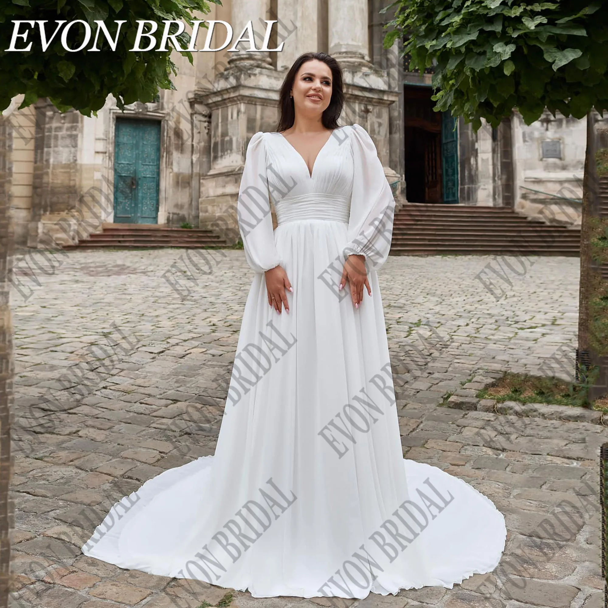 

EVON BRIDAL Oversize Chiffon Wedding Gowns A-Line Puff Sleeves Vestido De Novia Lace Up Classic Bride Dress Backless Custom