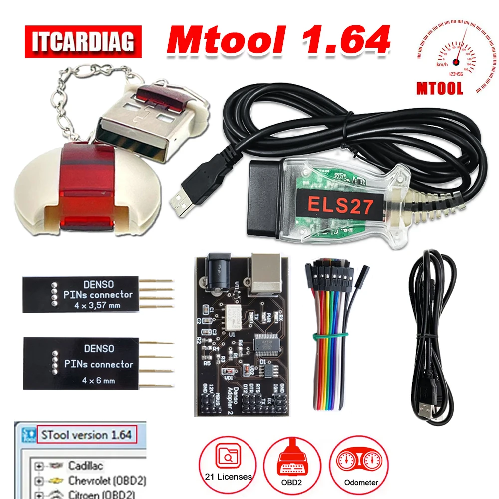 

Mtool V1.64 Software Mileage Correction Adjustment Tool Full Set Dongle + Denso Adapter + Denso Pin Connector Cable ELS27 Cable