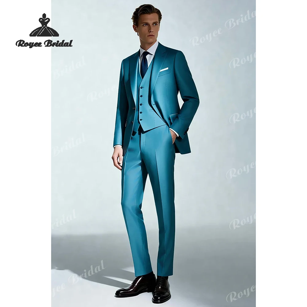 

Peacock Blue Three Piece Single Breasted Men's Wedding Suit 2026 Peak Lapel Evening Suit Customized trajes para hombre