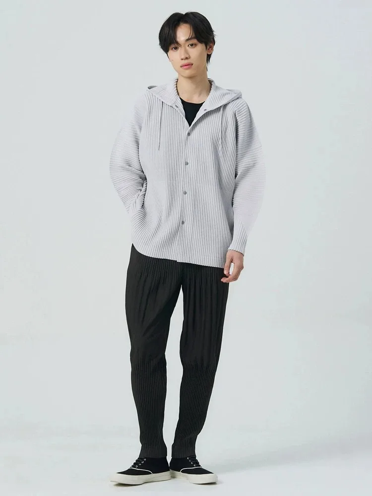 Miyake Pleated Drawstring Hooded Cardigan Men Wrinkle Resistant Relaxed Fit Long Sleeve Casual Top