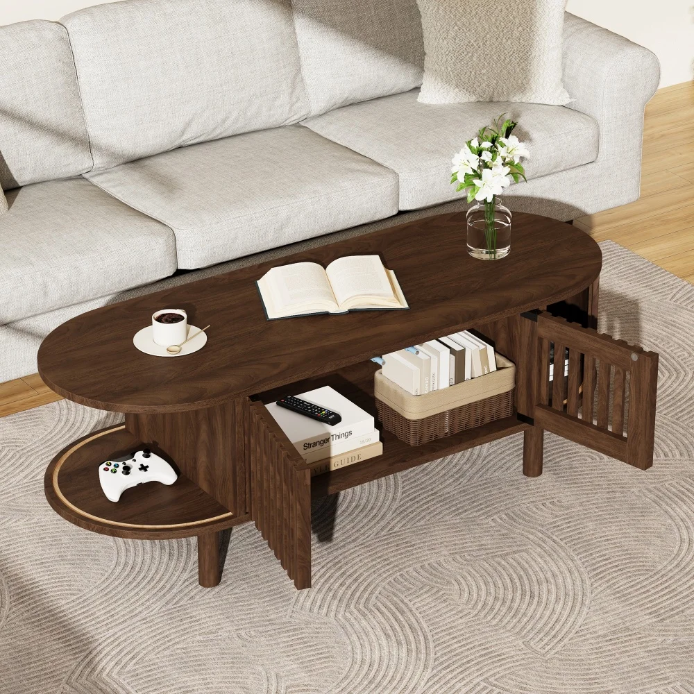 Table basse ovale 100×40×38cm, table basse de rangement en MDF avec 2 portes à lattes, pieds en bois massif, charge maximale de 30kg, finition noyer pour le salon