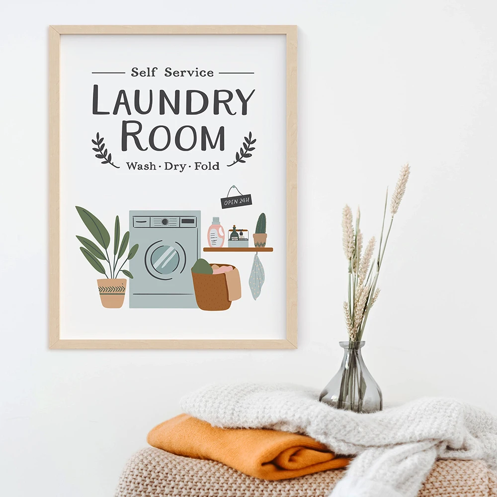 Self Service Laundry Room Wall Art Print Laundry Symbol Canvas Painting Wash Dry Fold Posters and Prints Wall Picture Decoration