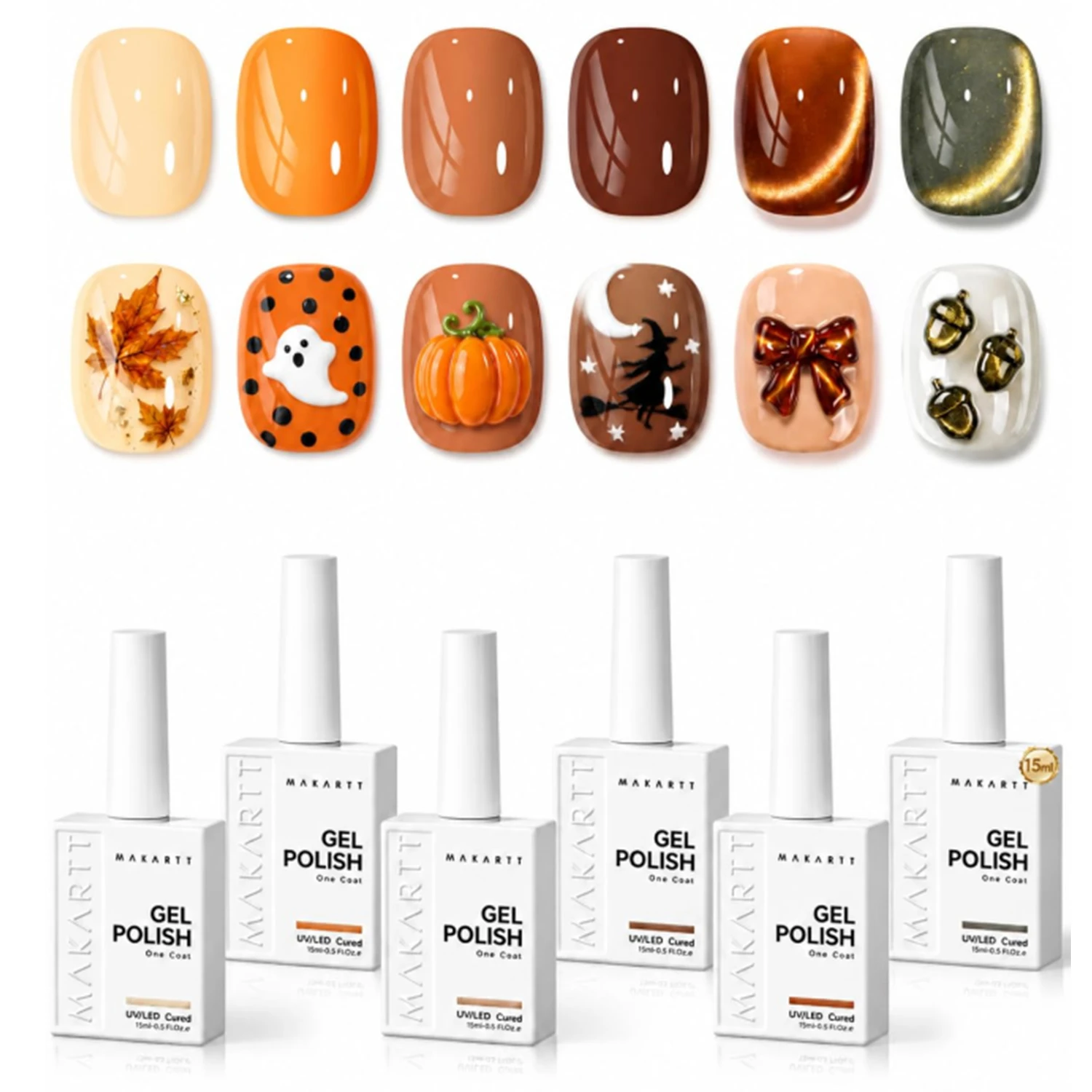 Makartt 6-Pack 15ml Fall Gel Nail Polish Set – One Coat Cat Eye Colors, Hema-Free, Long-Lasting, Cures with UV/LED Lamp