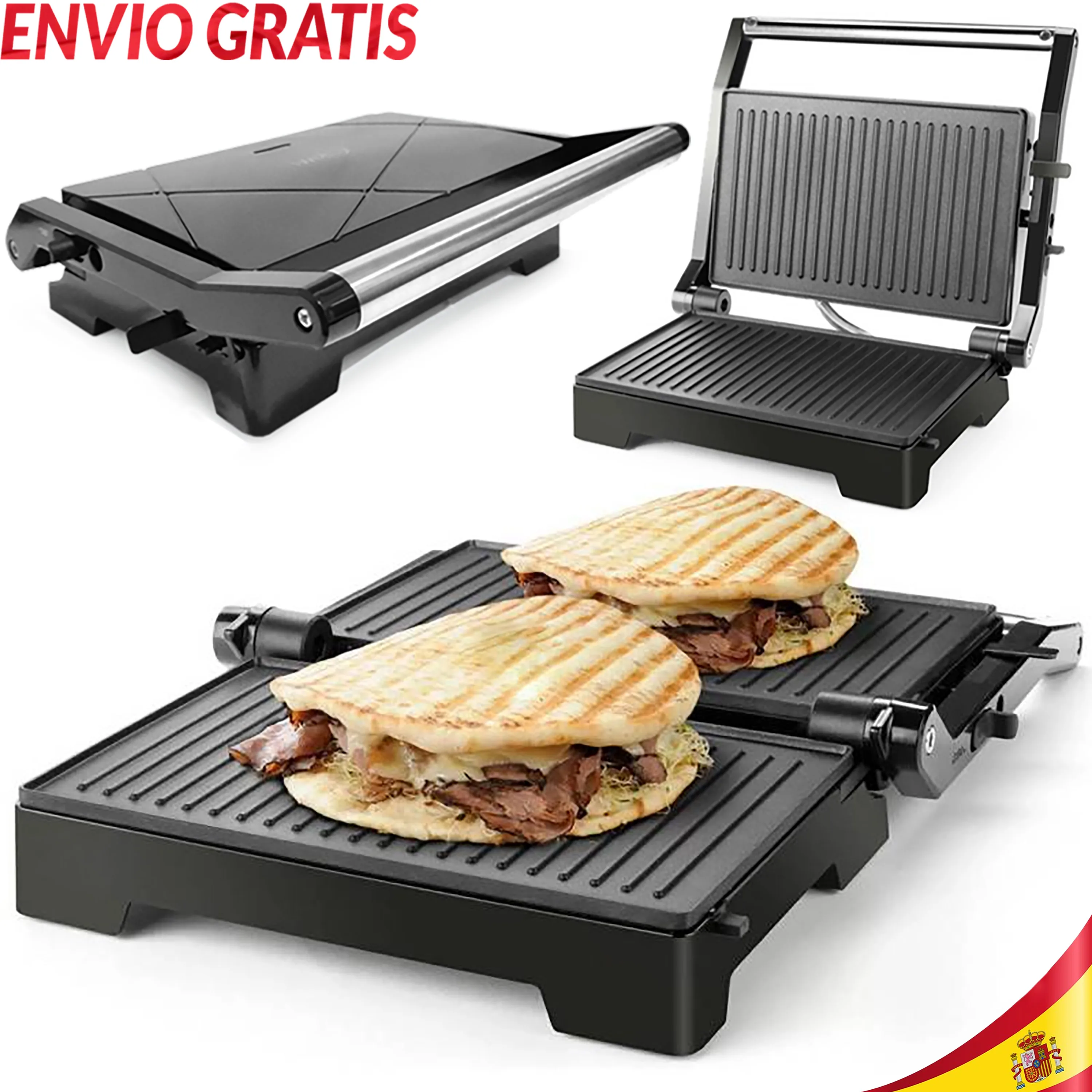 Grill de Contacto Parilla de Mesa Portátil para Sándwiches Carne Verdura y Todo Alimento MAS SANO que otras tecnologías Electrico 1000W Facil, Limpio y Desplegable 180º Grados Grillea Ambos Lados y Se Convierte