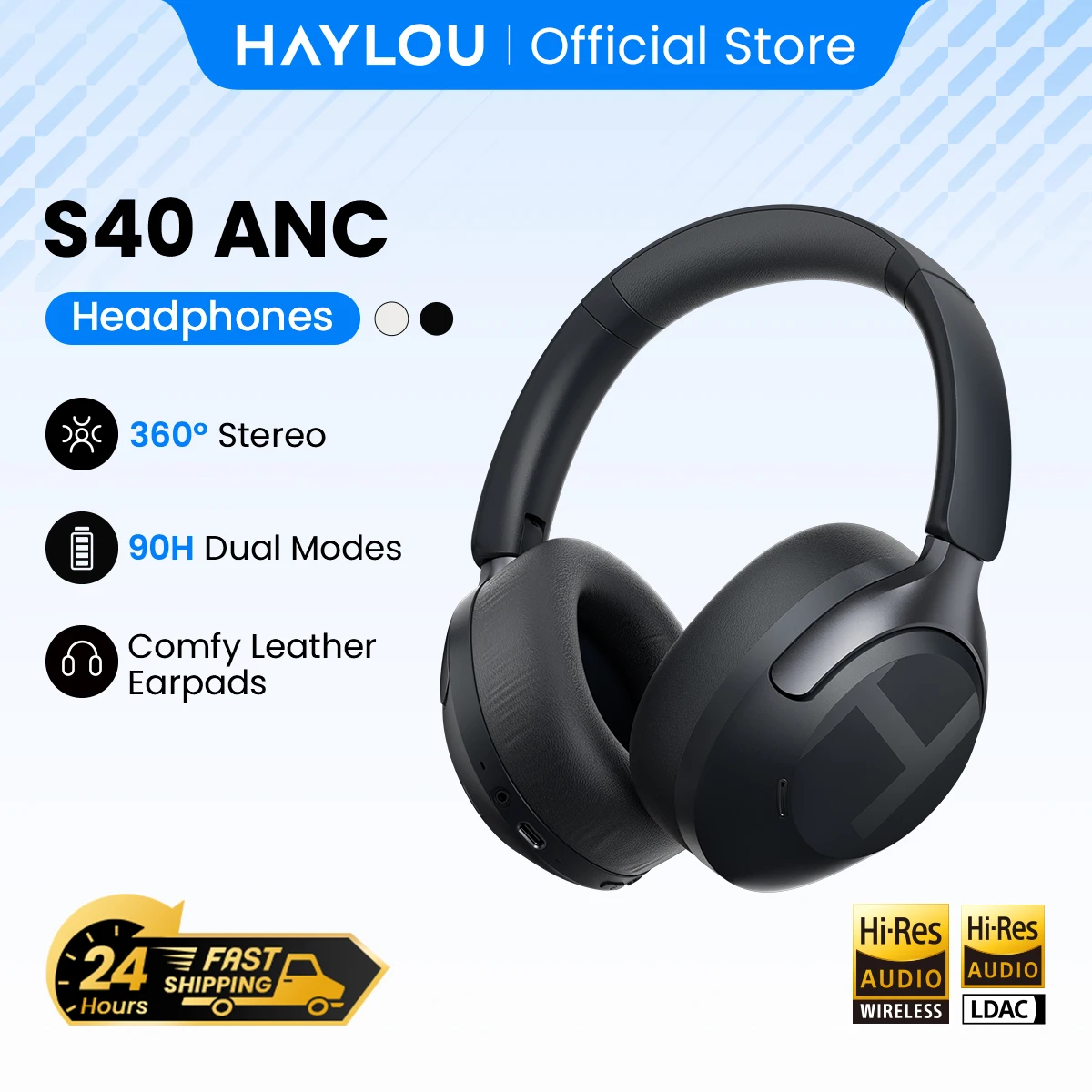 HAYLOU S40 ANC אוזניות אלחוטיות 50dB ביטול רעשים אוזניות אודיו 3D Hi-Res 3D עם אוזניות LDAC Bluetooth 6.0 Over Ear