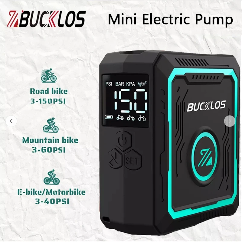 

BUCKLOS Electric Bicycle Air Pump 3-150PSI Bike Electric Air Pump Portable Mini Multifunction Car E-Bike Scooter Tire Inflator