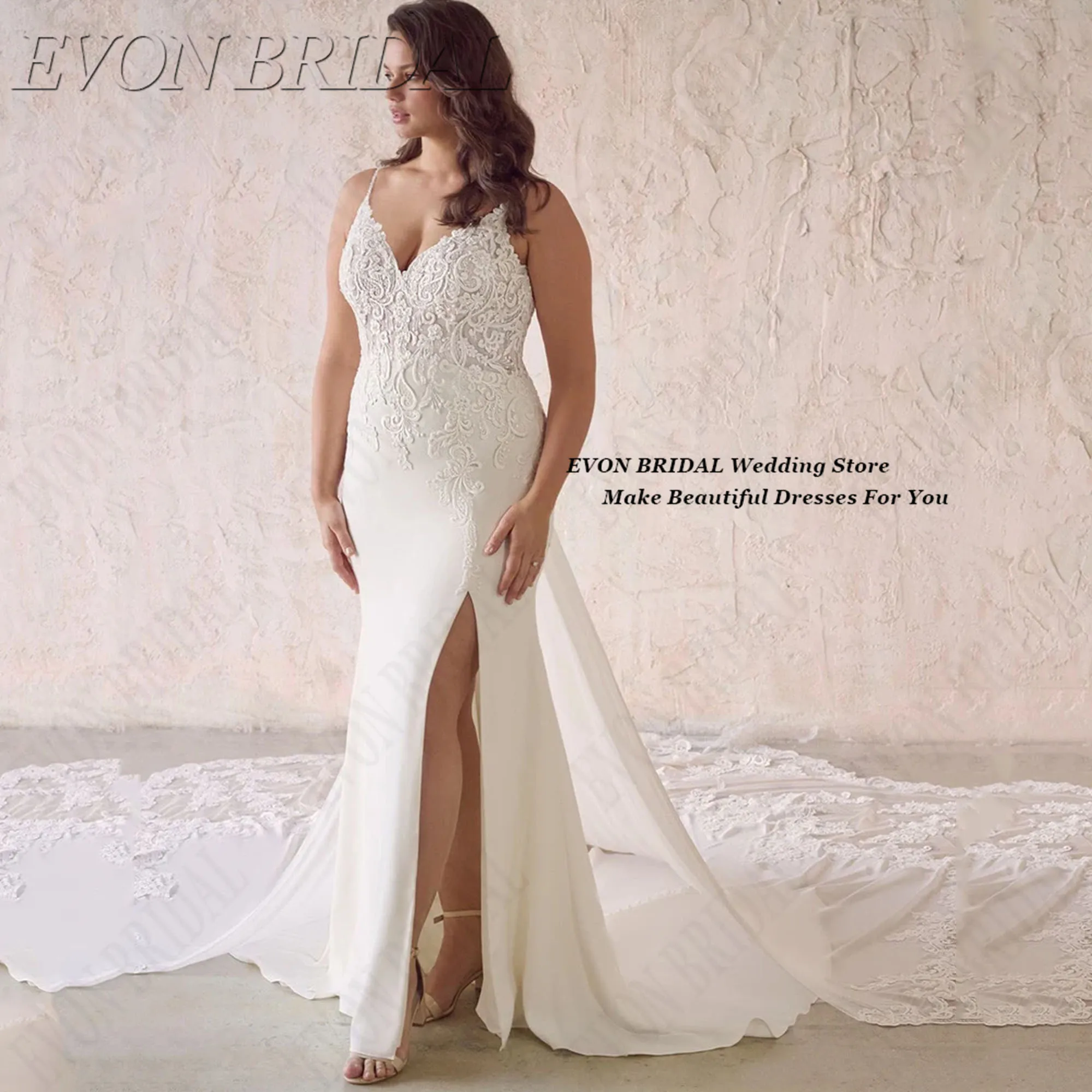 

Side Split Wedding Dress Plus Size 2025 Spaghetti Straps Party Gown With Small Train Fishtail Bride Dress EVON BRIDAL Customized