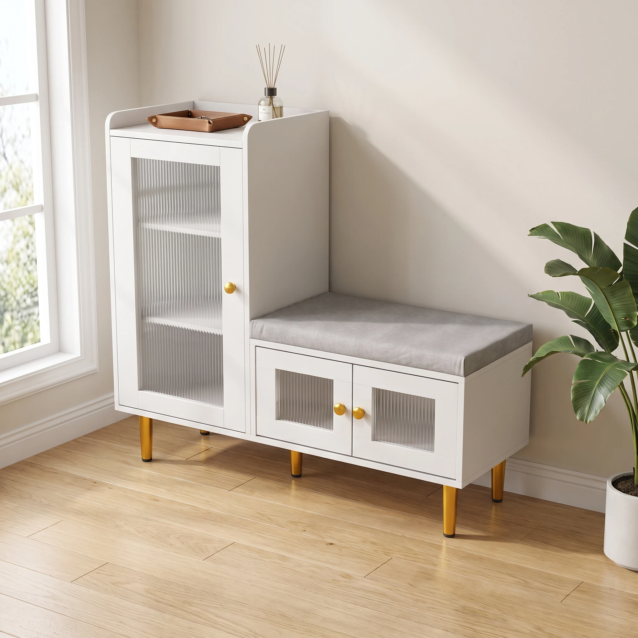 Panca per scarpe con sedile e vano portaoggetti, mobile porta scarpe con armadietto laterale alto e anta, sedile imbottito, scaffale per scarpe da utilizzare in ingresso, corridoio e camera da letto.