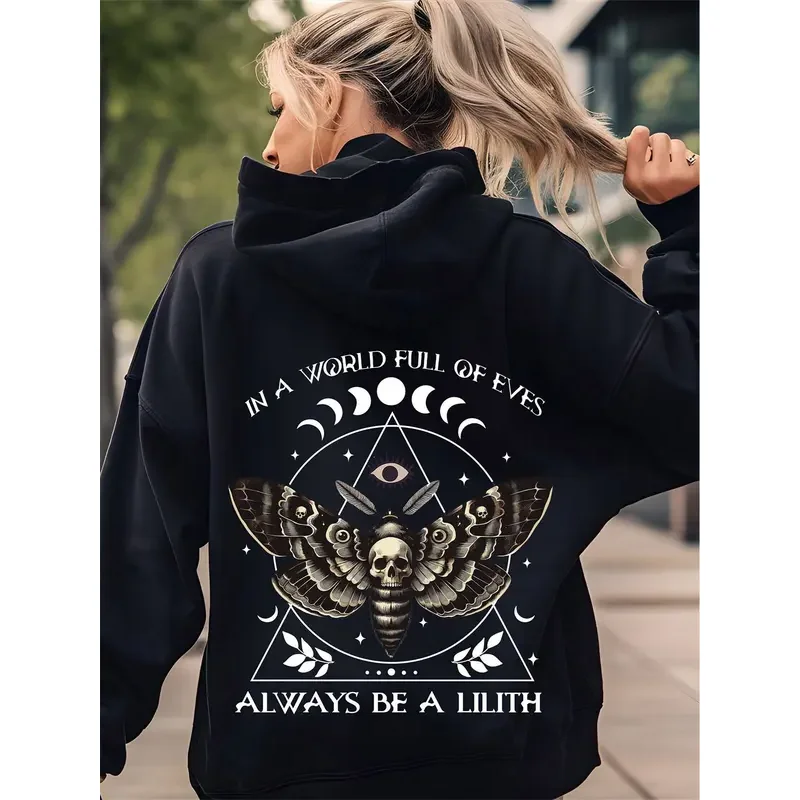 

Женская толстовка с принтом черепа-мотыль, повседневный пуловер из смеси хлопка с длинными рукавами, карманом-кенгуру и геометрическим рисунком на шнурке