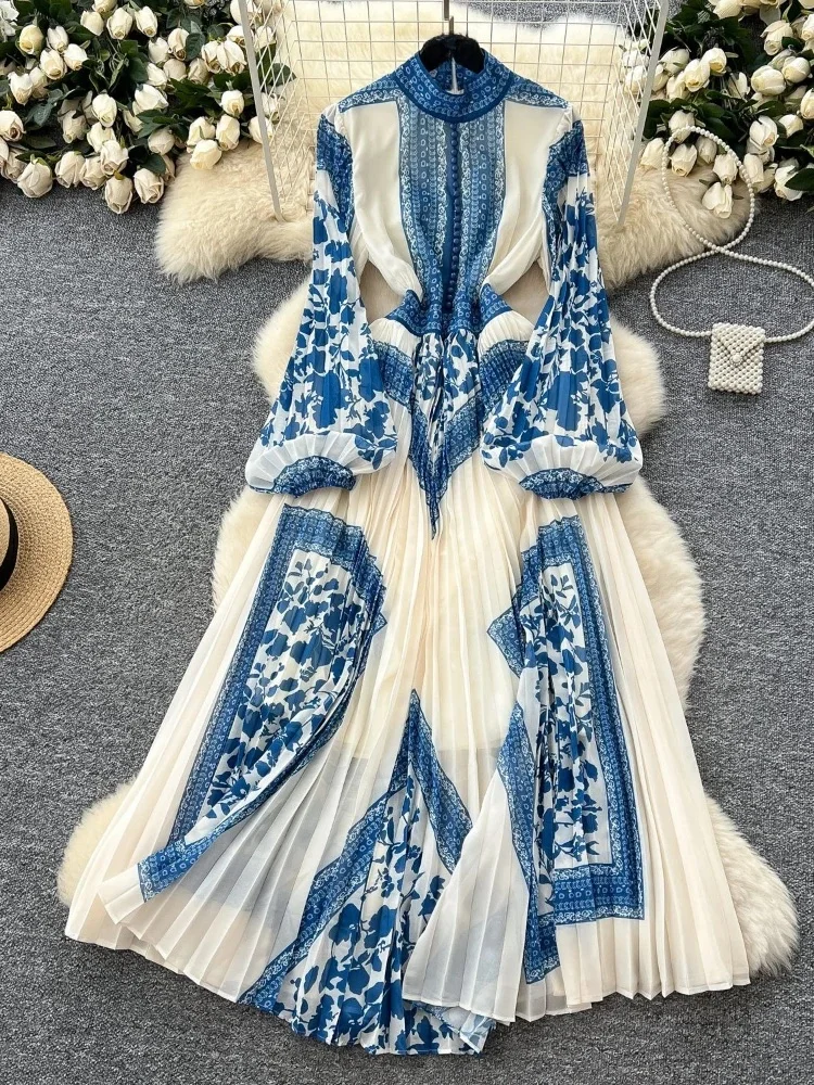 Vrouwen Vintage Geplooide Avondfeest Jurk Lente Herfst Hoge Taille Gedrukt Lange Jurken Dames Slanke A-lijn Chiffon Lange Gewaad - afbeelding 2