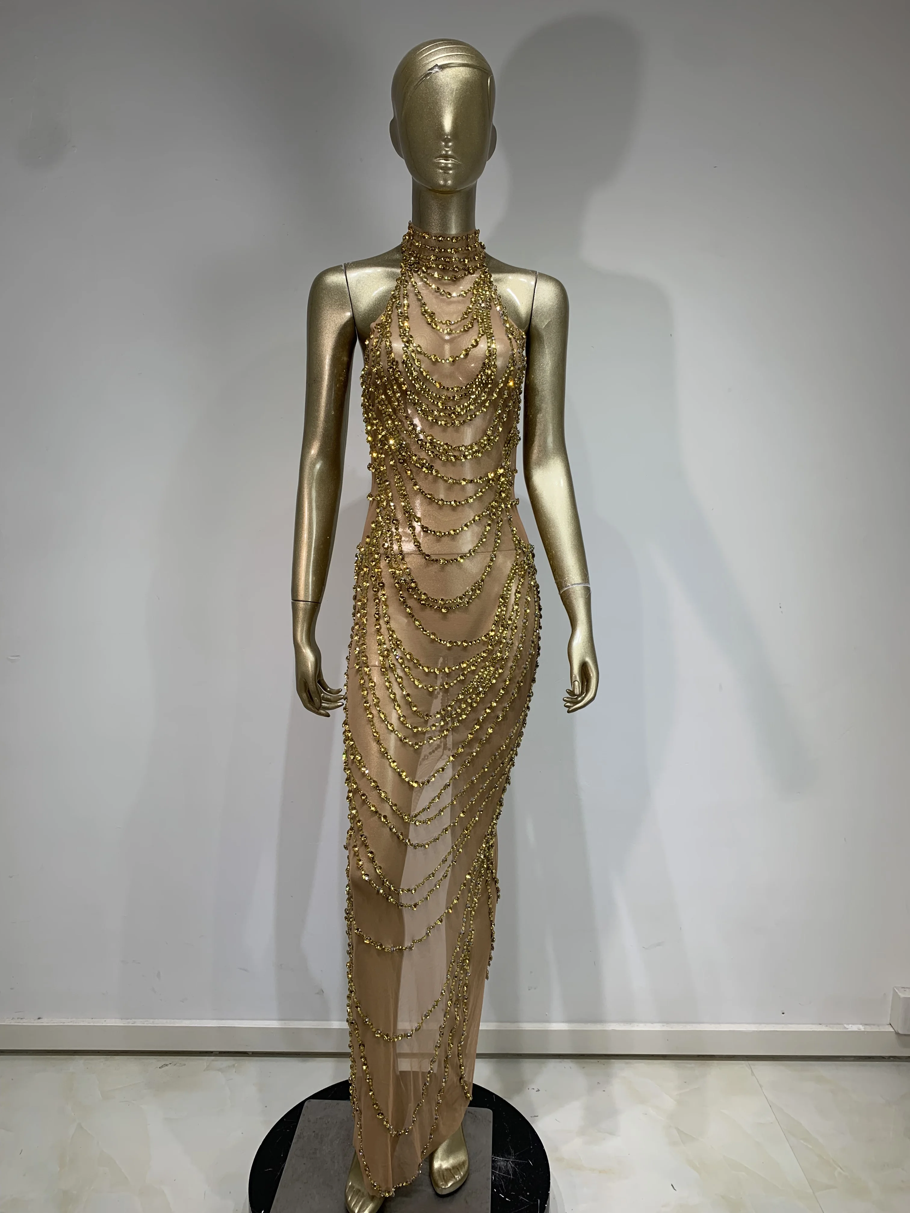 Sparkly Rhinestones Mesh See Through Stretch Long Dress Elegant Evening Party Nightclub Singer Stage PCostume