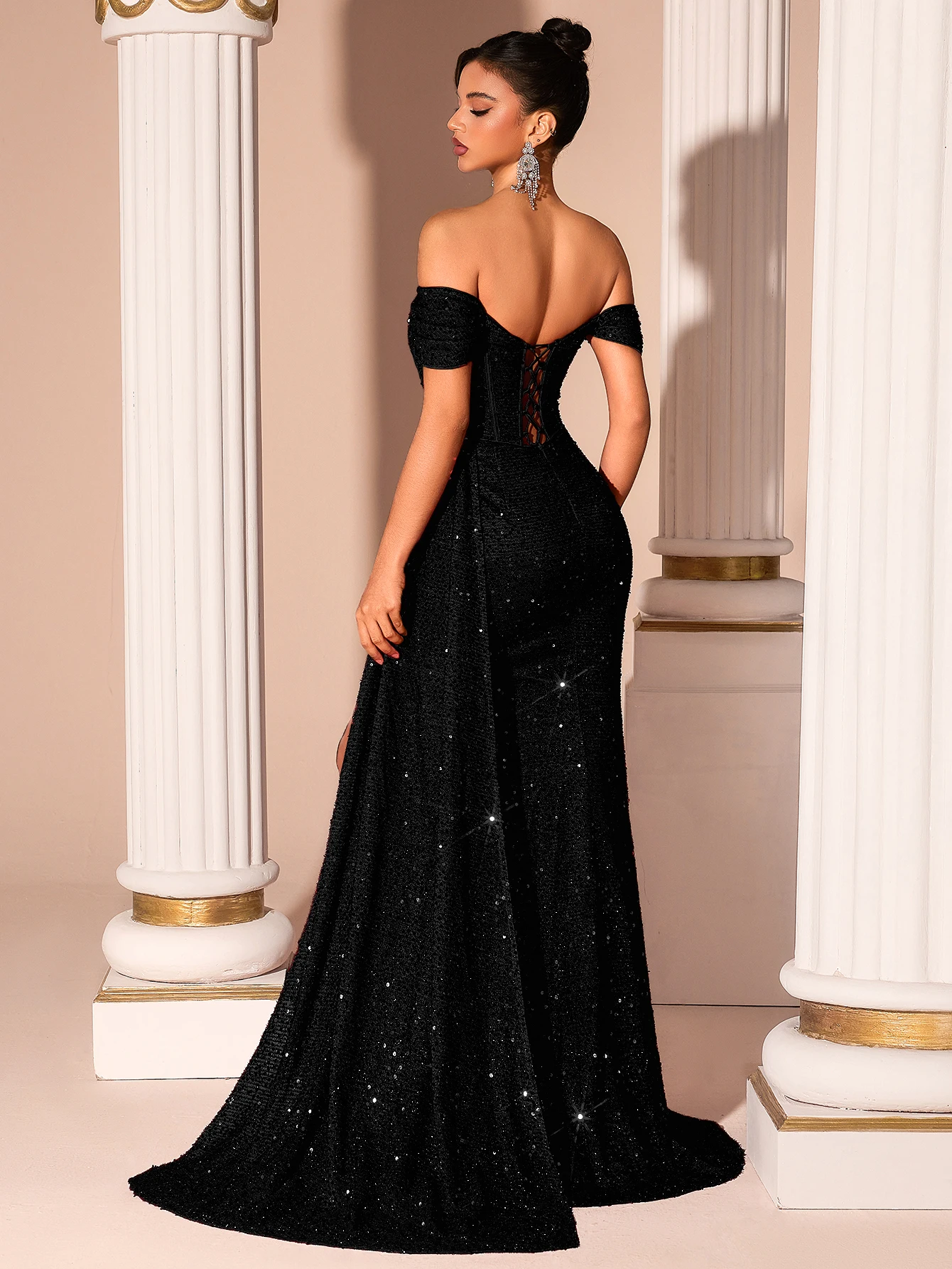Vestido de fiesta Adyce para mujer con lentejuelas, hombros descubiertos, abertura alta, sin espalda y con cordones, ideal para bodas, eventos formales, cumpleaños y fiestas de noche.