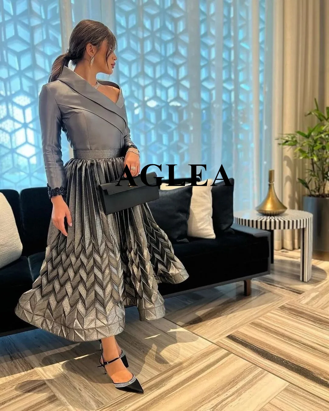 AGLEA 2024 Vintage Formal Occasion Dresses A-line V Neck Long Sleeves Pleated Beaded Ankle Length Women Prom Evening Dress