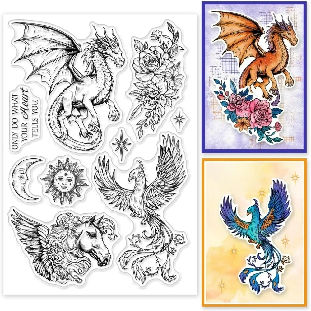 1szt Magiczne zwierzęta Silikonowe przezroczyste znaczki Smok Feniks Latający koń Przezroczyste pieczęcie do tworzenia kart DIY Scrapbooking — zdjęcie 2