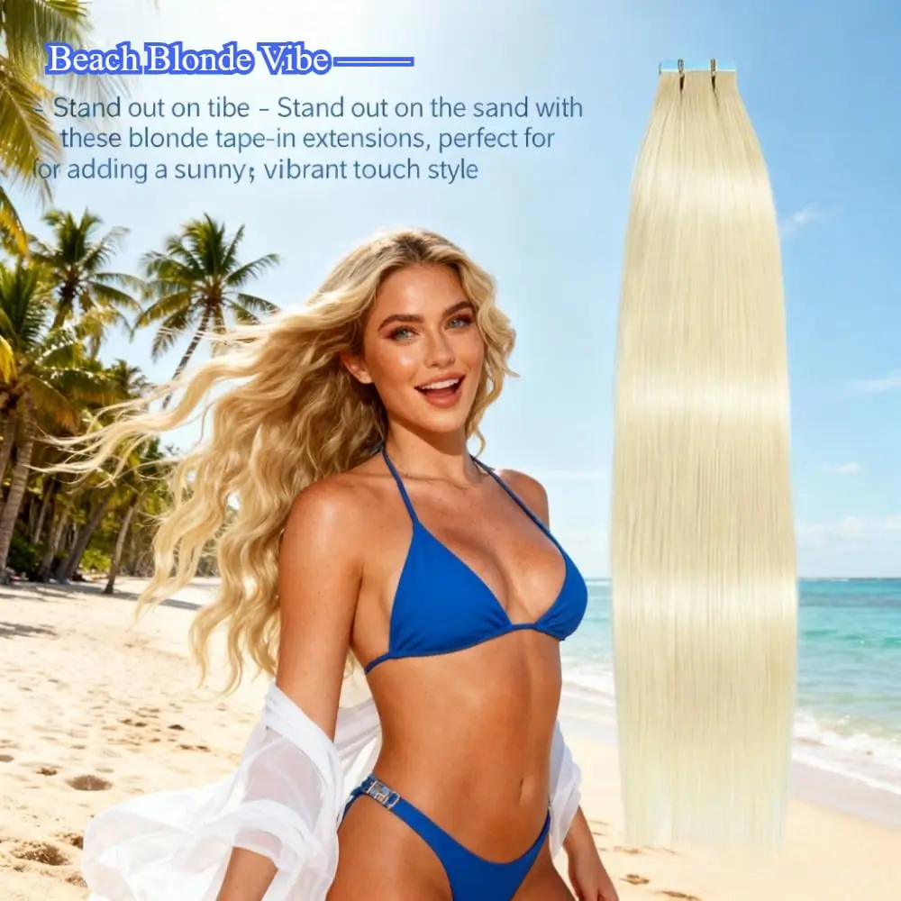 شريط أشقر في وصلات الشعر، شعر بشري بلاتيني # 613 شريط لحمة جلد مستقيم بدون خياطة في وصلات شعر بشري حقيقي 50 جرام #5