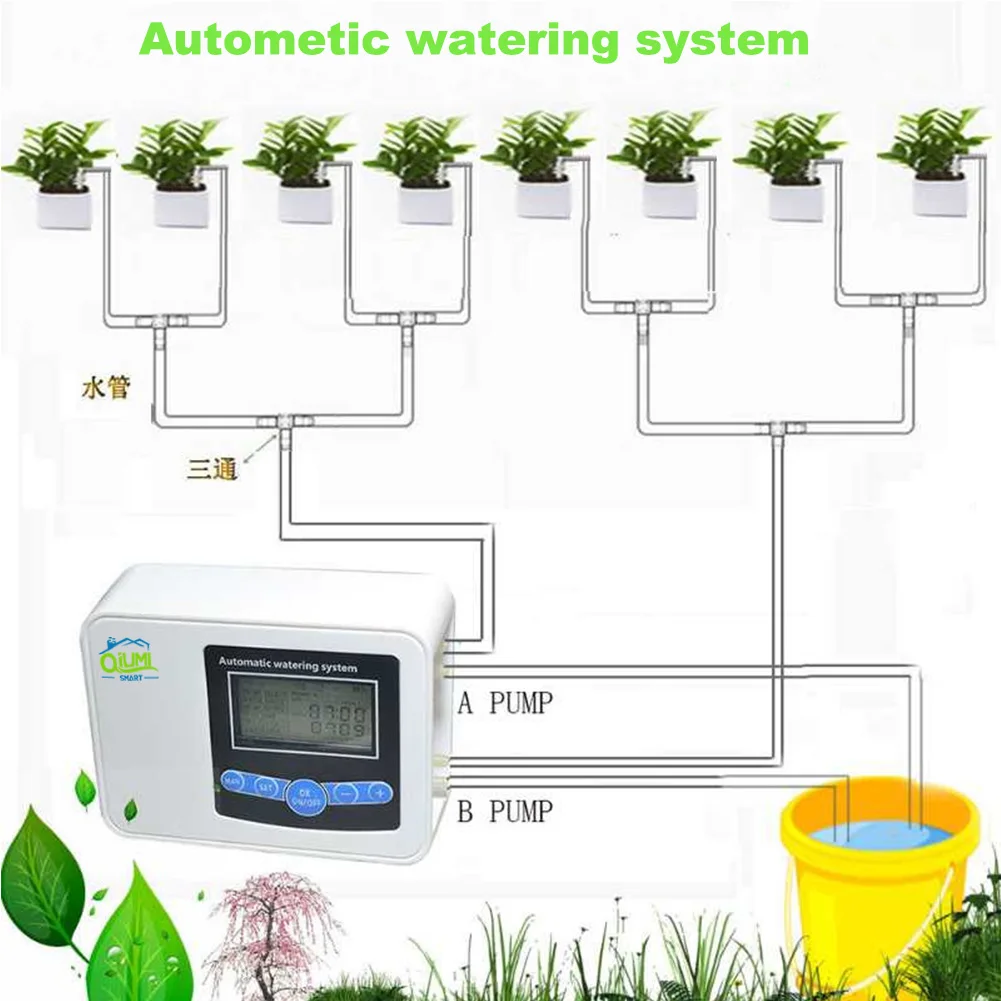 Qiumi automático jardim água controlador, irrigação inteligente, energia solar em casa, bombas duplas