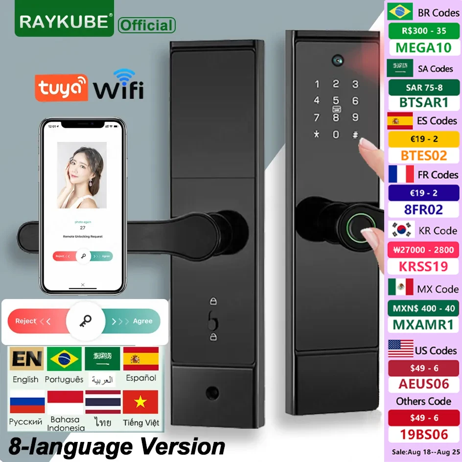 

RAYKUBE P10 Tuya Wifi peephole HD Camera Fingerprint Digital Smart Door Lock With Built-in Gateway APP Remote Unlock 8-language