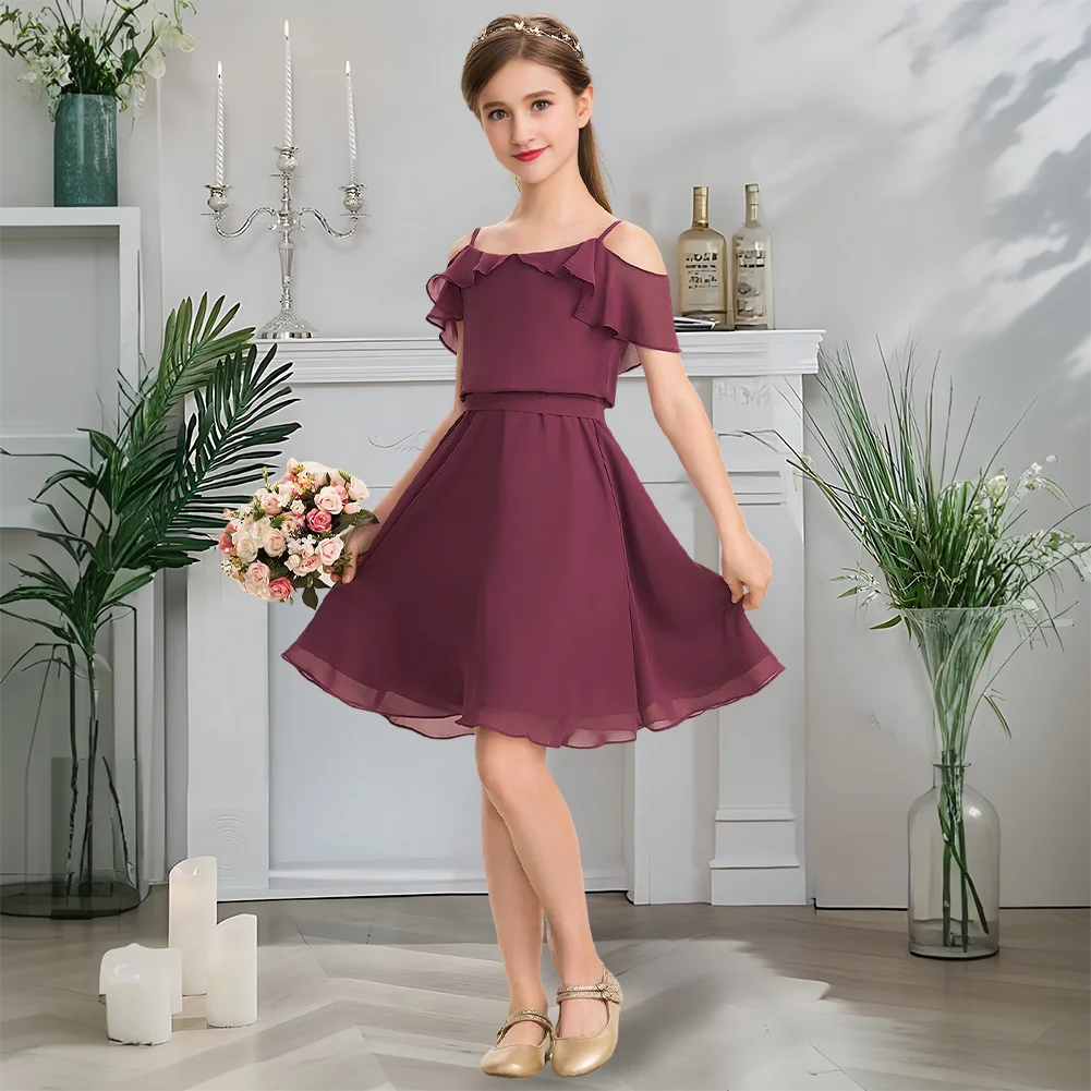 

DFA Royal Plum Cold Shoulder Junior Bridesmaid Dress Flower Girl Dress Chiffon Knee Length With Elegant Bow Ruffles Girls Wear