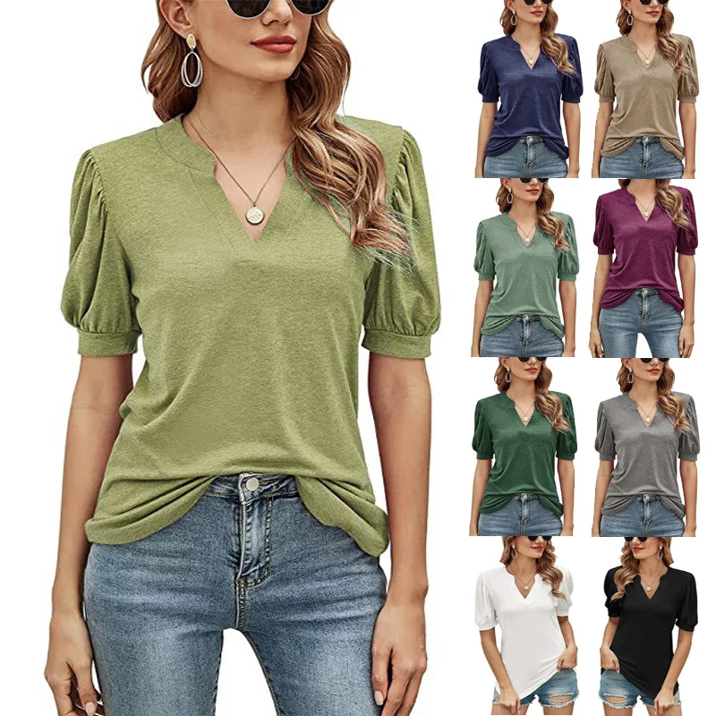 Sommer lose Damen Kurzarm Bluse V-Ausschnitt T-Shirt lässig weibliche Frauen solide T-Shirt Pullover Top Shirt Bluse plus Größe