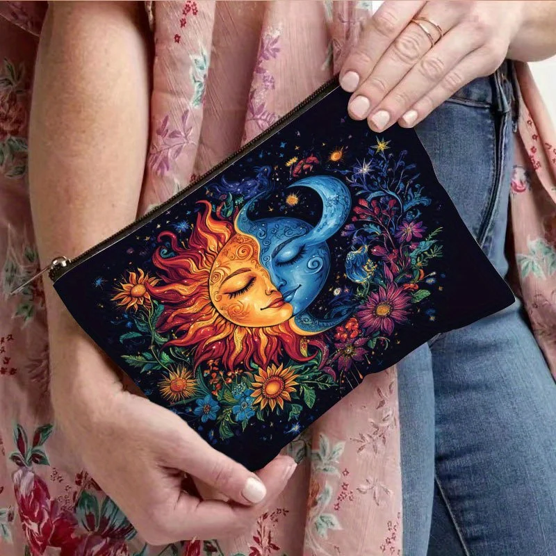 1Pc Charming Sun and Moon Fusion Floral Starry Sky Retro Design Multifunctional Travel Makeup Bag, Snack Storage Bag, Stationery Storage Bag, Fashionable Toiletry Bag, Canvas Double-Sided Printed Zipper Pouch