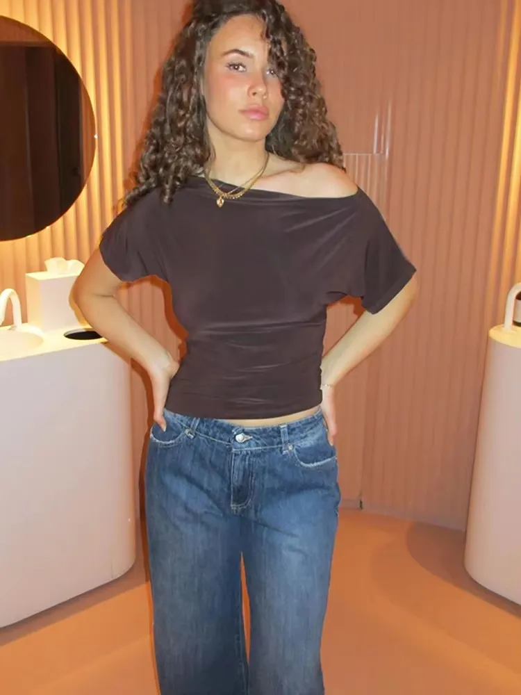 Fantoye مثير واحد الكتف المطبوعة البولكا نقطة المرأة تي شيرت القهوة عادية Y2k تي شيرتات قصيرة الاكمام الصيف سليم موضة الشارع الشهير #5