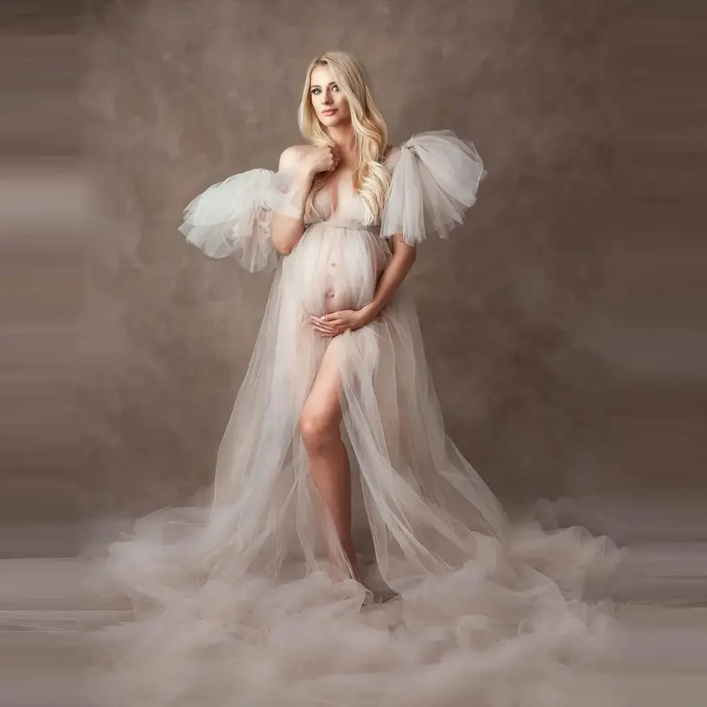 Elegancki miękki tiul sukienka ciążowa bez rękawów Puffy długi seksowny przepuszczalność Custom Made tiul szaty ciążowe do fotografii — zdjęcie 2