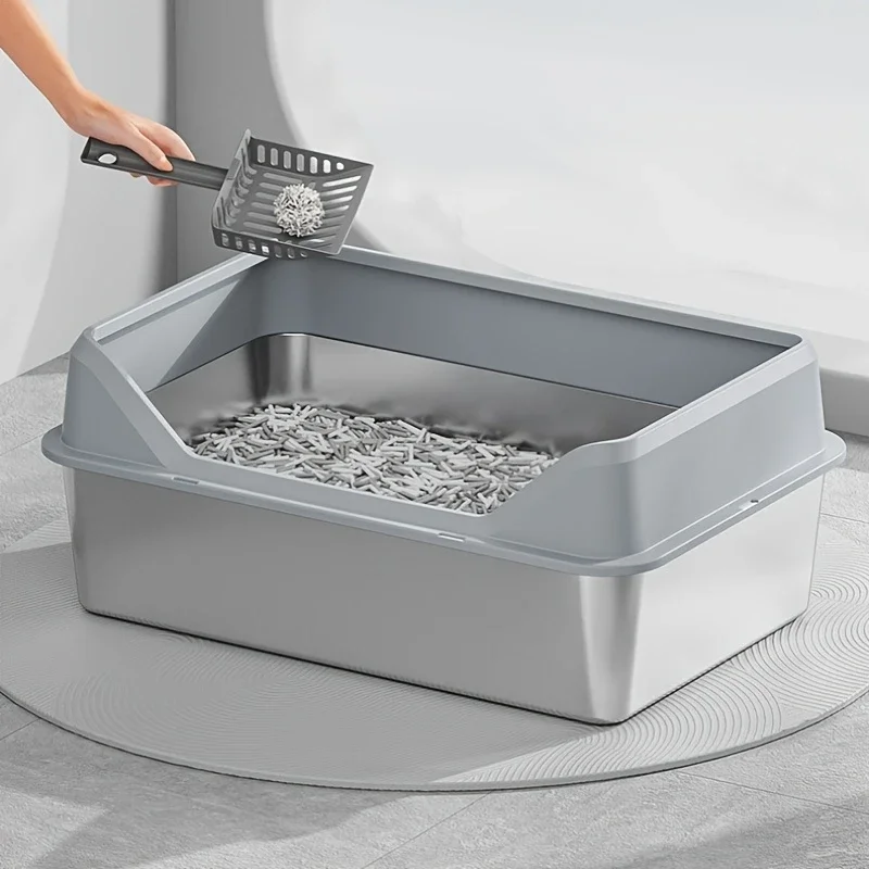 

Extra-large stainless steel cat litter box with lid - leak-proof, odor-free, comes with a scoop and non-slip mat