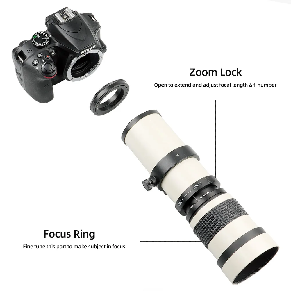 Lightdow Super Telephoto Manual Zoom Lens 420-800mm F8.3-16 With T2 Ring Adapter for Sony Canon Nikon Pentax Olympus Cameras