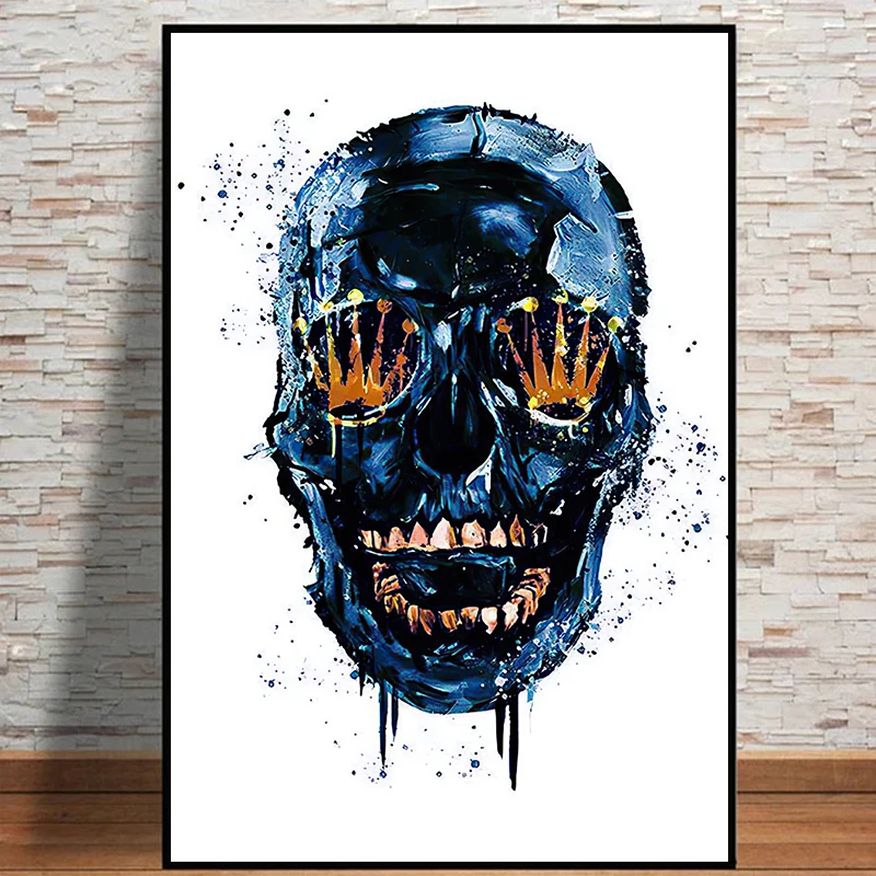 Graffiti Blue Skull Poster And Prints For Living Room Luxury Gold Crown Eyes Cranium Canvas Painting Wall Art Gothic Home Decor